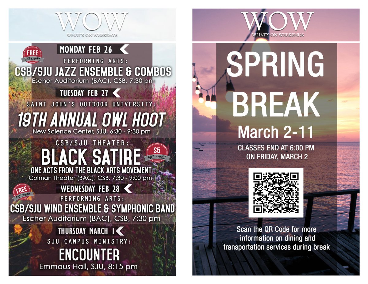csbsjuSALD's tweet image. Spring break next week! Check out the WOW before!