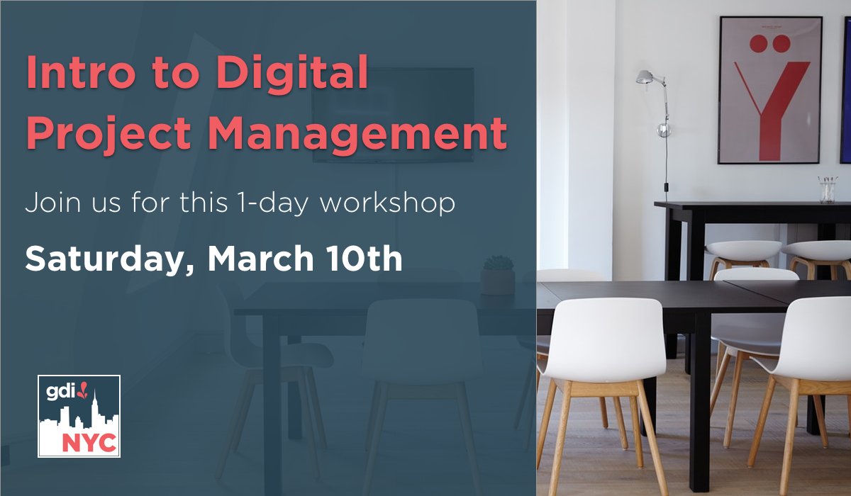 gdinyc's tweet photo. Brand new class: Intro to Project Managment! @suzienieman &amp; @JVictor will walk through each step of planning, estimating, and running a digital project, complete with detailed examples and course materials for you to take home. RSVP: https://t.co/fGedXS5QE1 https://t.co/5ItpxFUFiC