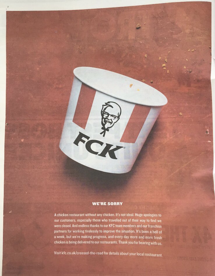 KFC apologised for the shortage of chickens they are not selling in their tasty chicken shop, with a hands up ‘we messed up’ apology &amp; #KFCCrisis trended #retail #FCK #PR