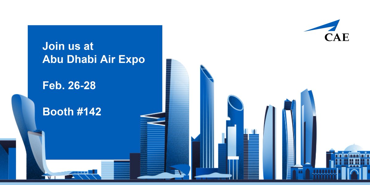 CAE_Inc's tweet photo. Don't forget to stop by Abu Dhabi Air Expo booth #142.  It's time to elevate your training experience and work with the team that works with you!  #TrainwithCAE #BizAv #PartnerofChoice #CAE70 https://t.co/9hh7Zakm6r