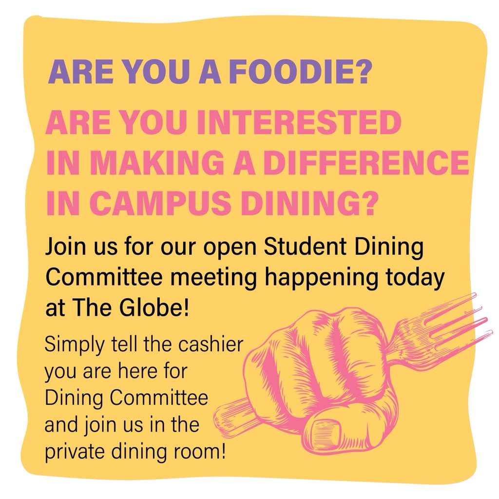 Join us and <a href="/MasonStudentGov/">George Mason Student Gov't</a> today from 1-2pm at The Globe for our first open dining committee meeting!