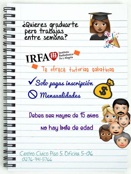 Si quieres estudiar pero trabajas entre semana, no te preocupes en IRFA #Táchira puedes estudiar y trabajar sin problemas... Ven, aprovecha esta oportunidad