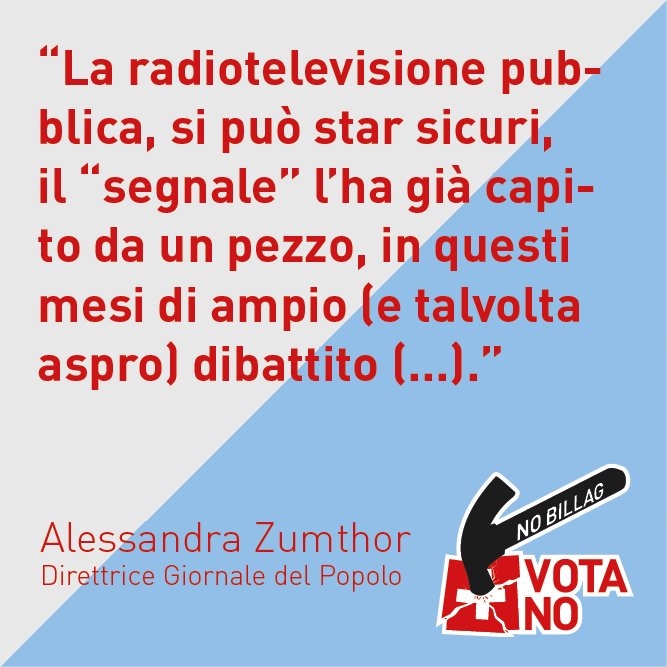 "(...) se solo si pensa che, anche se l’iniziativa verrà respinta, dai 450 franchi annuali di canone il prossimo anno si passerà comunque a 365, non è difficile immaginare i risparmi, le sfide e i cambiamenti di rotta che attendono la SSR in tempi brevi." #NoBillagNoSvizzera