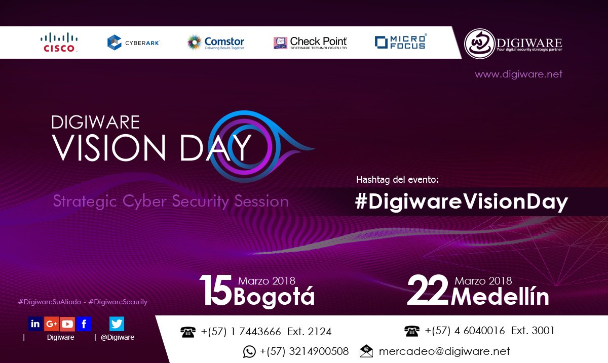 digisoc_mdr's tweet photo. ¡Hoy en #Medellín #DigiwareVisionDay! Fomentamos el conocimiento en la protección de los activos y sus procesos de transformación digital. Aliados: @CyberArk - @CheckPointLatAm - @MicroFocusSe | #Colombia #ciberseguridad #DigiwareSecurity #seguridad #informatica #malware https://t.co/0JyJwG2757