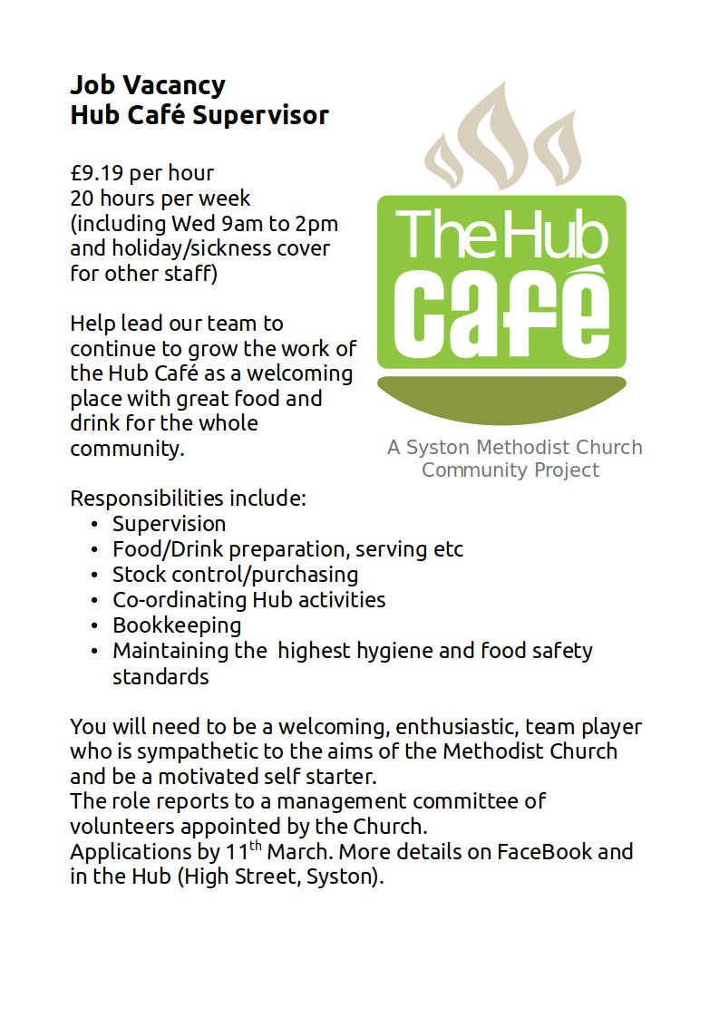 Our Hub Cafe is recruiting a Supervisor. Please RT.