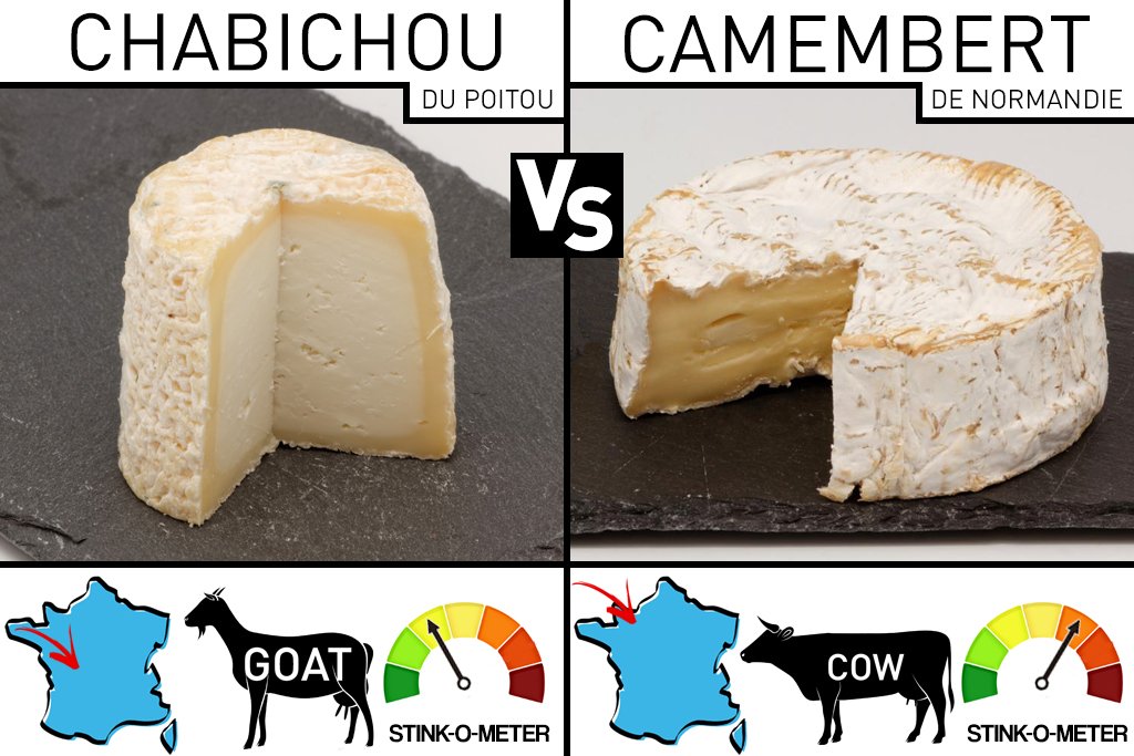franceintheus's tweet photo. The #GreatFrenchCheeseOff has begun! It’s time for the battle of the cheeses. To vote for your favorite, "like" for Chabichou du Poitou, "retweet" for Camembert de Normandie. The winner will make it to the next round! Voting closes tonight at midnight EST.🇫🇷🧀 https://t.co/FligZ0sJKm