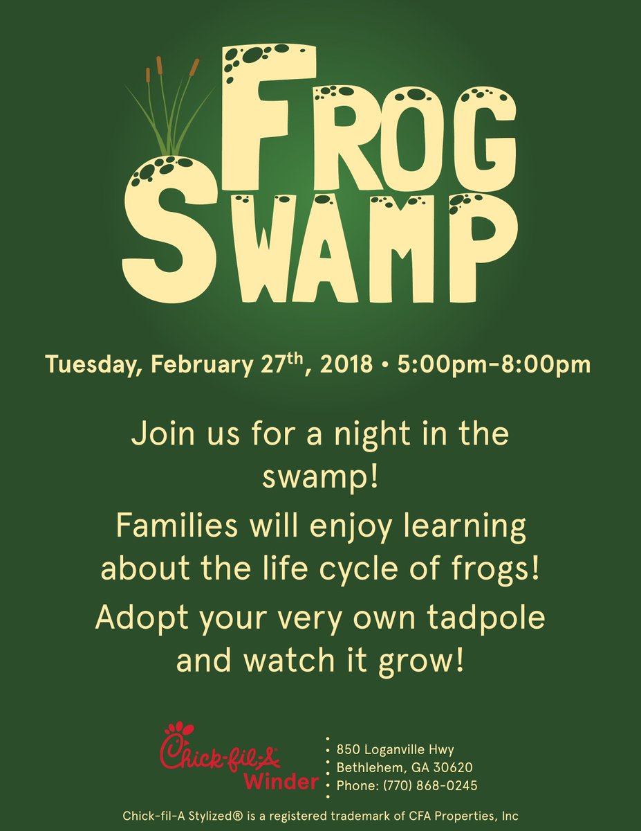 You know Frog Swamp is tomorrow when you receive over 200 tad poles in the mail! Join us tomorrow from 5-8pm! No reservation needed. First come, first serve. *Only at Chick-fil-A Winder
