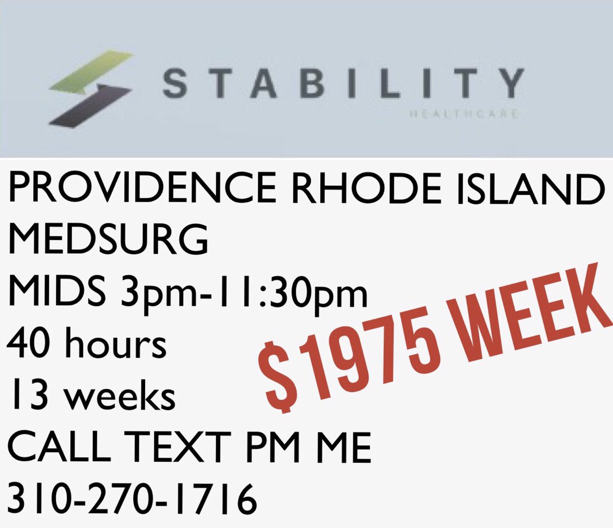 TRAVEL NURSES
PROVIDENCE RHODE ISLAND
MED/SURG
MIDS 
CALL TEXT PM ME FOR DETAILS &amp; BREAKDOWN
310-270-1716
#stabilityhealthcare #rnjobs #travelnurse  #providencerhodeisland #nurses