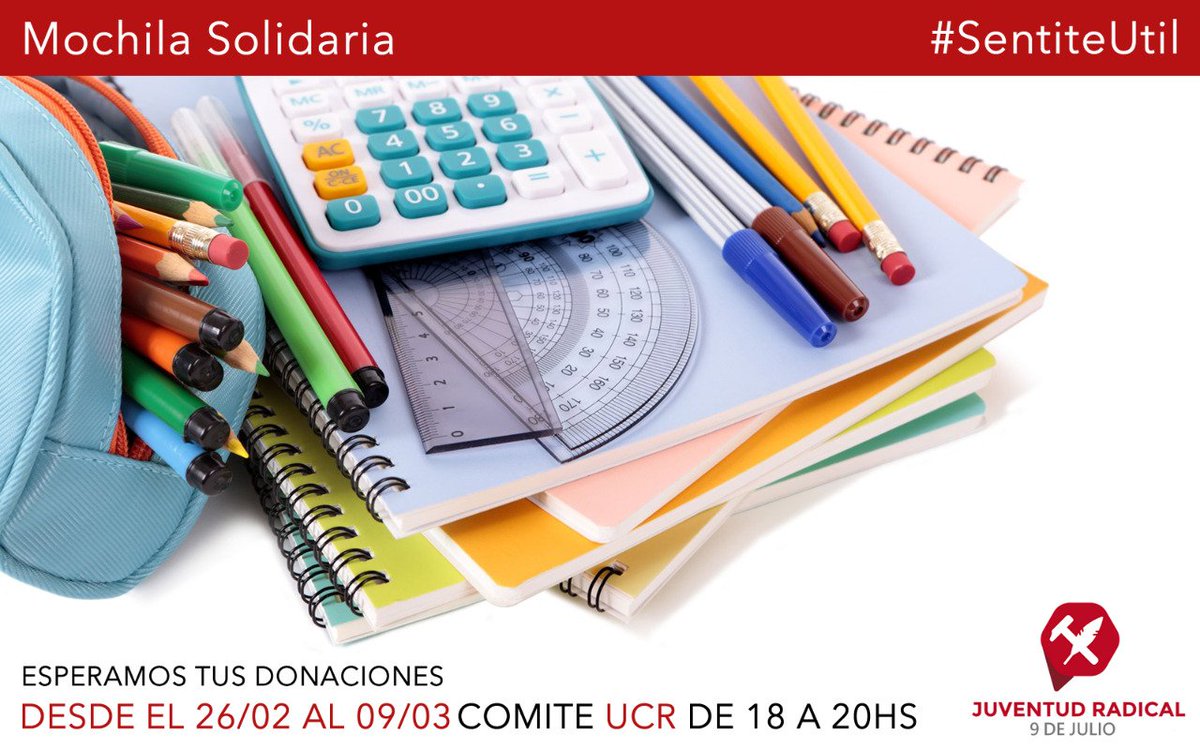 JR9deJulio's tweet photo. MOCHILA SOLIDARIA
Desde el 26/02 hasta el 09/03 esperamos tus donaciones en el comité radical. Podes traer toda clase de utiles.
Nos encontraremos todos los días de 18 a 20 horas.
#SentiteUtil https://t.co/Z8FHRI9FBx