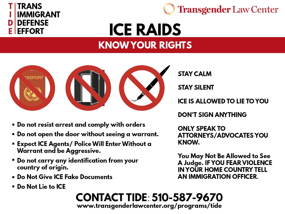 TransLawCenter's tweet photo. If you're a #transimmigrant fearing #ICEraids, here's what you need to know: https://t.co/KCdloJOF1b. Keep TLC's Trans Immigrant Defense Effort (TIDE) number on hand: 510-587-9670 https://t.co/vL0mfQeIKW