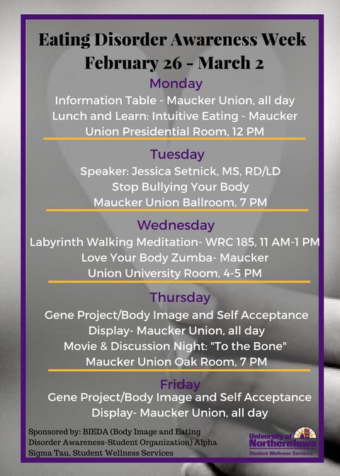 UNI_SHC's tweet photo. It's Eating Disorder Awareness Week so check out the programs being put on by Student Wellness Service! If you or someone you know needs support, reach out to the counseling center at 319-273-2676 or the health clinic at 319-273-2009! https://t.co/meGa9IksIQ