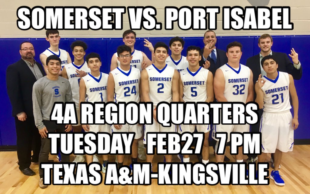 Look's like we're Road Tripping on Tuesday!
4A Region Quarterfinals
SOMERSET vs. PORT ISABEL
Tuesday  February 27  7:00 PM
Texas A&amp;M University - Kingsville
#BulldogNation #HardWorkPaysOff
🏀💙🚌🚙🚕🚗
