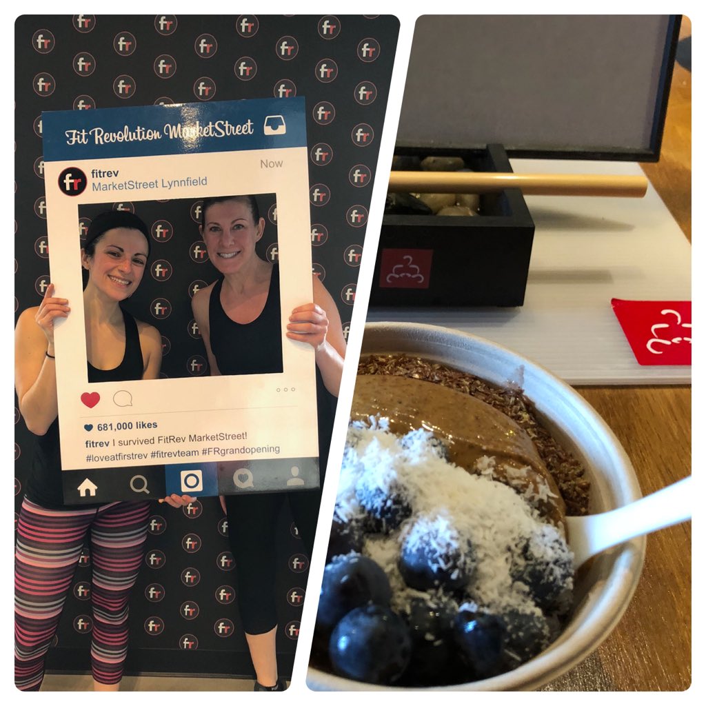 DawnZambito's tweet photo. A fun & fit morning @Shop_MarketSt & @FitRevolutionNR ! #FitRev spin class with @achieveathena, *awesome*! Then #acai bowls @thegrovema. Great way to start a weekend! #Saturday #zen https://t.co/OvlEKF8hZS