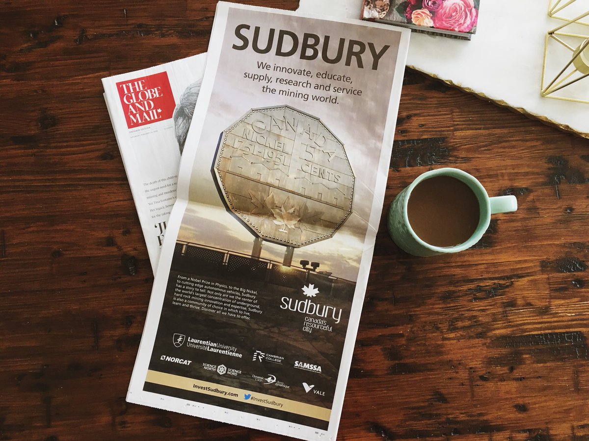 ResourcefulCity's tweet photo. Great Saturday morning with @globeandmail! We are letting the nation know that @GreaterSudbury is the place that innovates, educates, supplies, researches & services the #mining world. Thanks to @LaurentianU @cambriancollege @valeglobal #SAMSAA @norcat @Big_Nickel #InvestSudbury https://t.co/LBbzQH9NVS