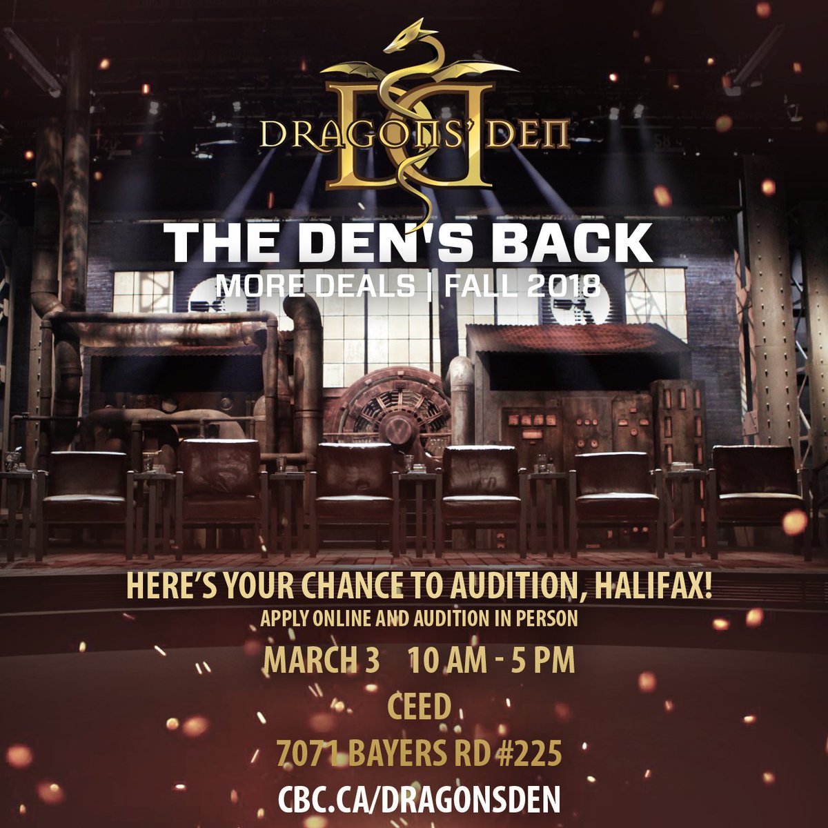 We hope your pitches are ready Nova Scotia! Dragon’s Den auditions are just one week away, and this is the only stop in the province!
On March 3, you can audition in person, right here at CEED! Want to learn more? bit.ly/2mKteEl <a href="/halifaxchamber/">Halifax Chamber</a> #entrepreneurship