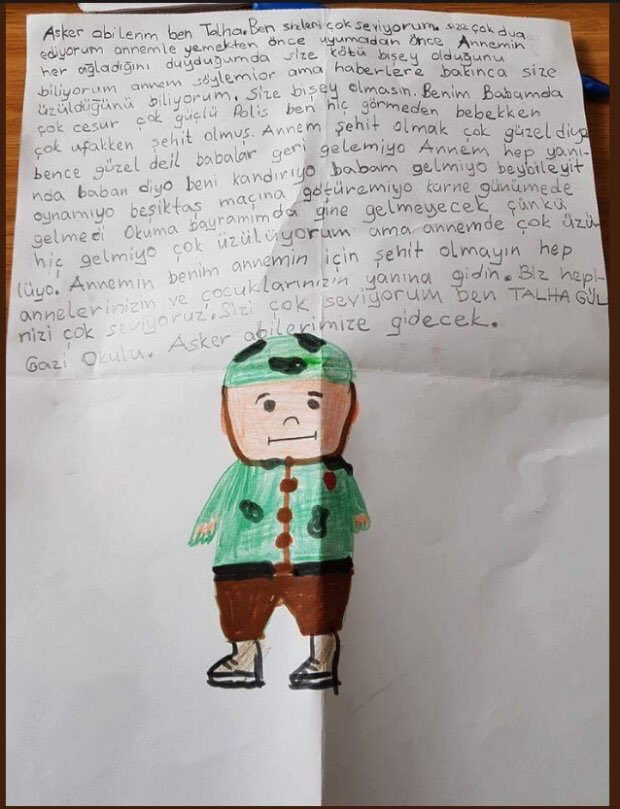 Şehit çocuğu küçük Talha'nın Afrin'deki askerlerimize yazdığı mektup. Ağlatır.. #TalhaGül