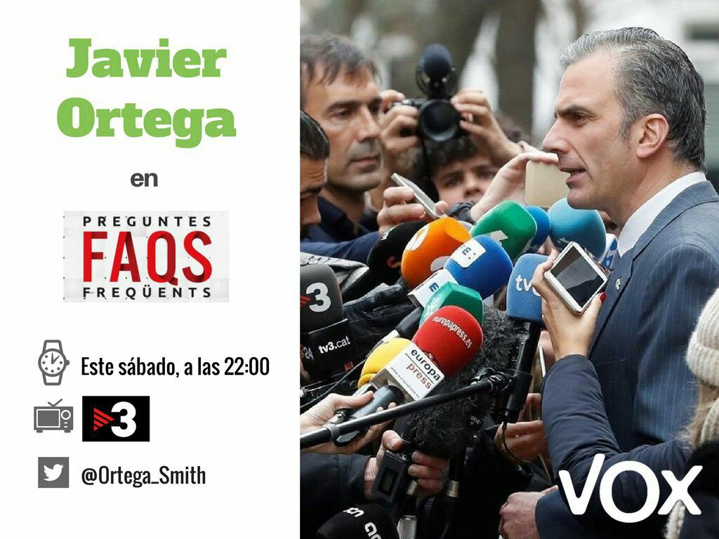 Seguridad_VOX's tweet photo. 📺 Está noche a las 22:00, @Ortega_Smith estará en el programa @FAQSTV3 de @tv3cat donde defenderá la acusación popular de #VOX contra los organizadores del referéndum ilegal del 1-O.
Síguelo en https://t.co/xPNzCBhyqt…
#GolpistasAPrisión
#VOXÚtil
#CerrarTV3 https://t.co/ANSx1xeml9