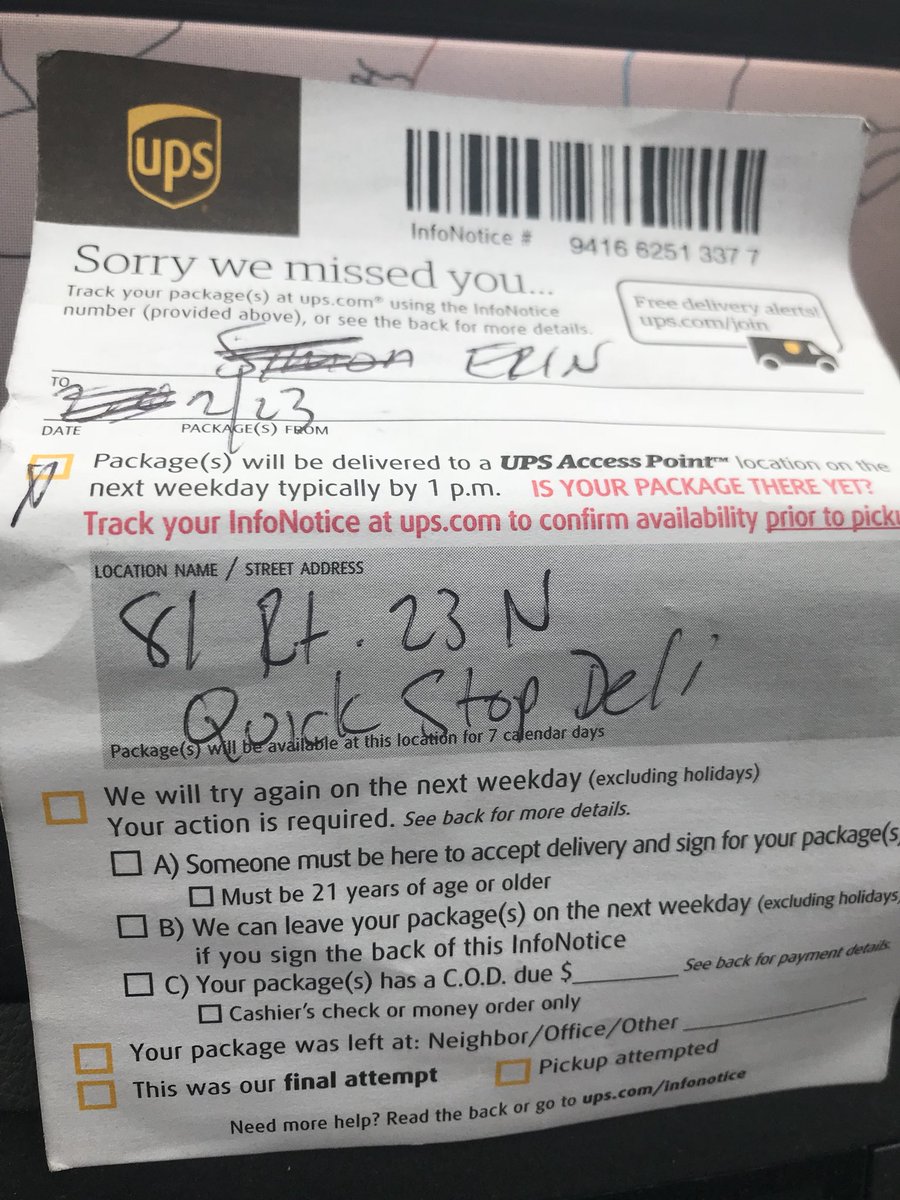 ErinPalinski's tweet image. Funny how I paid the same amount for shipping but @UPS is saving money by delivery my package to a deli with two guys on laptops &amp;amp; a folding table vs bringing it back to my house - is that even legal? #upsfail #switchtofedex