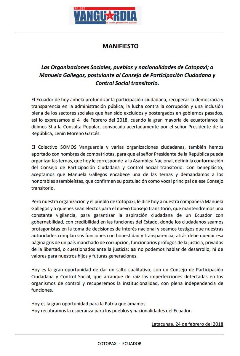 colectivo_somos's tweet photo. COTOPAXI | El día de hoy junto a las comunidades indígenas de la sierra se realizó la purificación a @Manuelaquilla para que asuma con buenas energías sus nuevos retos.  También se presentó un manifiesto de apoyo y vigilancia para que los anhelos del pueblo sean respetados. https://t.co/Df47SPxuVX