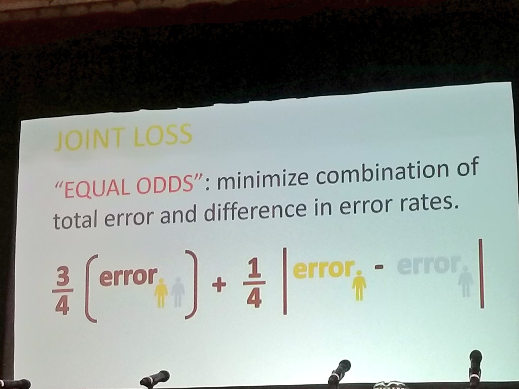 MonaJalal_'s tweet image. Equal odds for joint loss that combines fairness and accuracy for decoupled classifiers for majority and minority groups
#FAT2018 @fatconference @Microsoft 
#MachineLearning 
#statisticallearningtheory  
By Nicole Immorlica