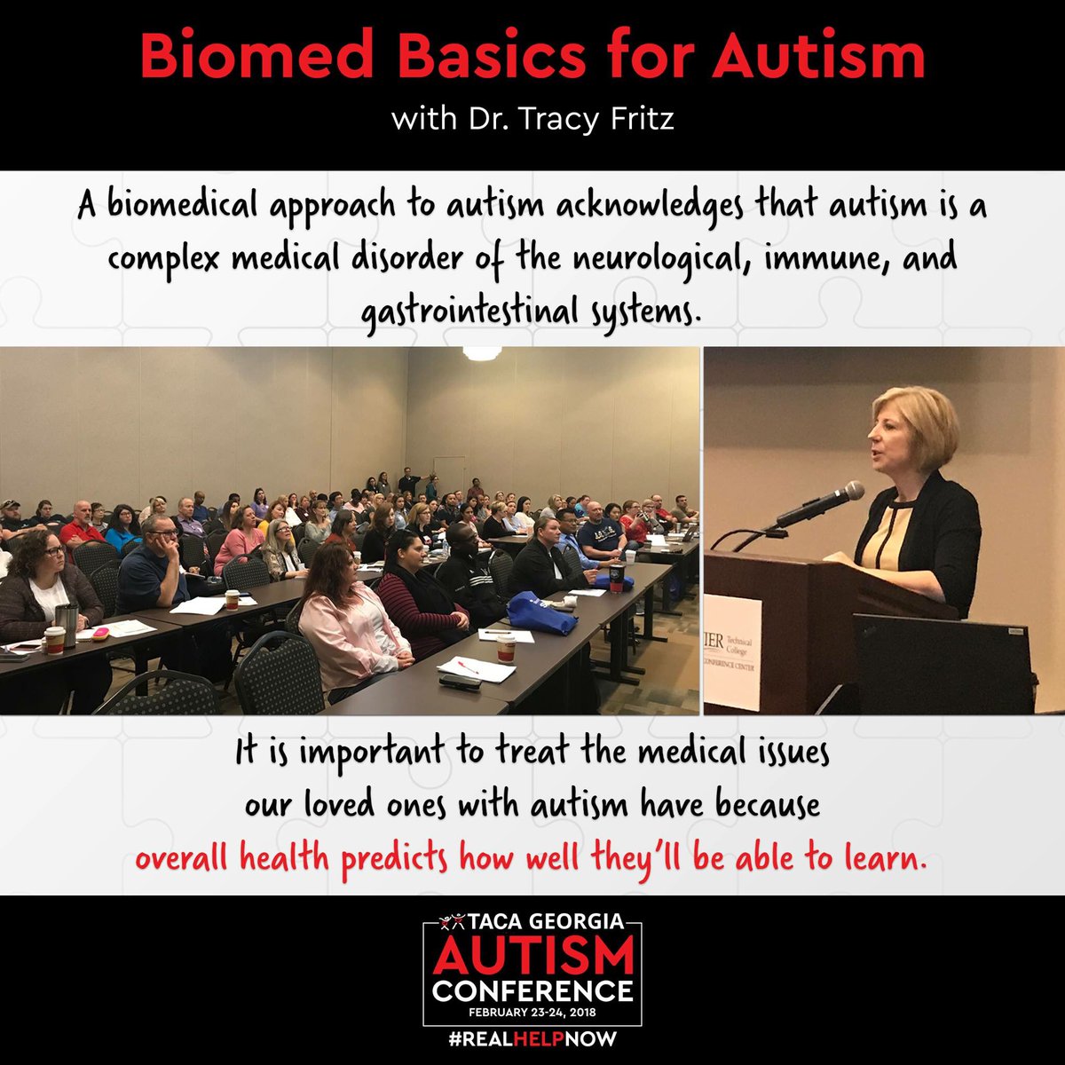 TACAfoundation's tweet image. There were so many amazing things we learned today during Dr. Tracy Fritz's presentation on Biomed Basics for #Autism that it was hard to choose which one to share!! She even gave us tips to help get those precious, yet elusive ZZZs!!

#RealHelpNow
#TACAGeorgiaAutismConference