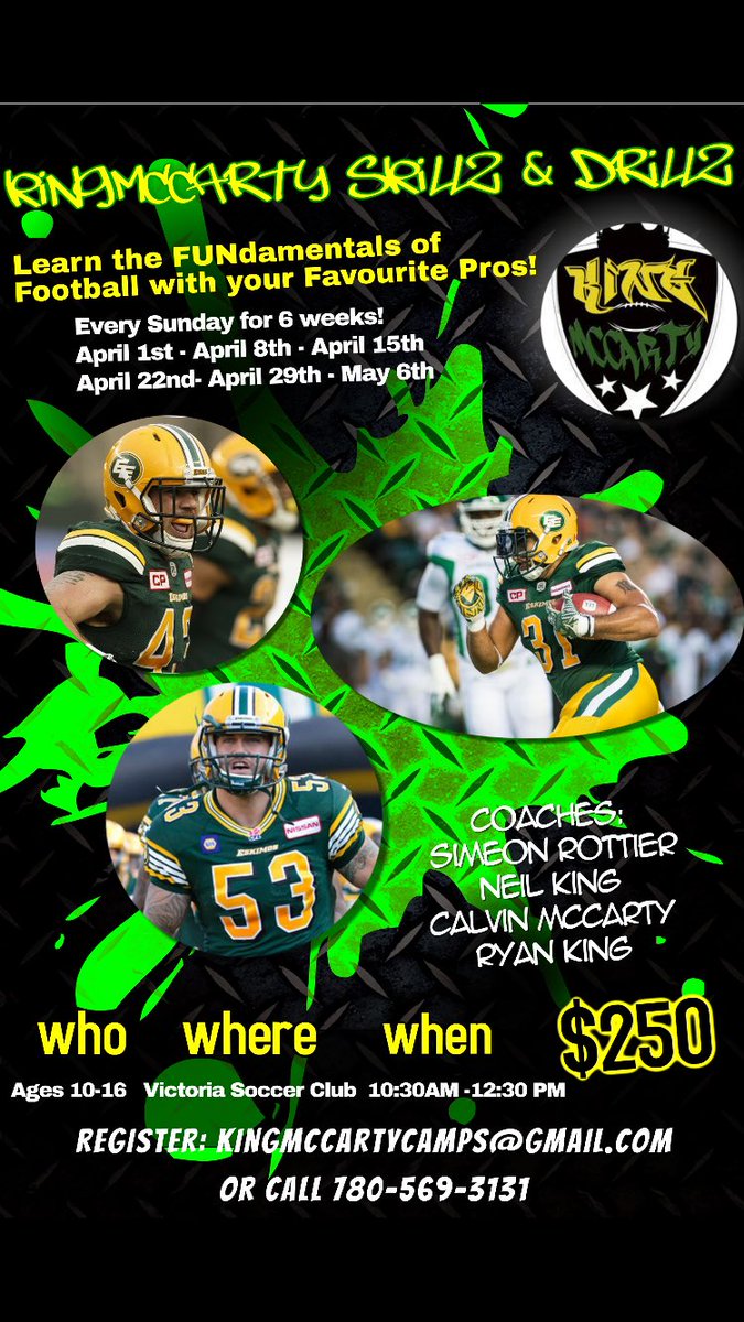 New 💥Skillz &amp; Drillz Camp💥 - A structured six week program for all #YEG kids aged 10-16. All levels welcome and planned for - Your Kids will get a full football experience playing multiple positions and learning from some of the #CFL best athletes/coaches - Contact info below