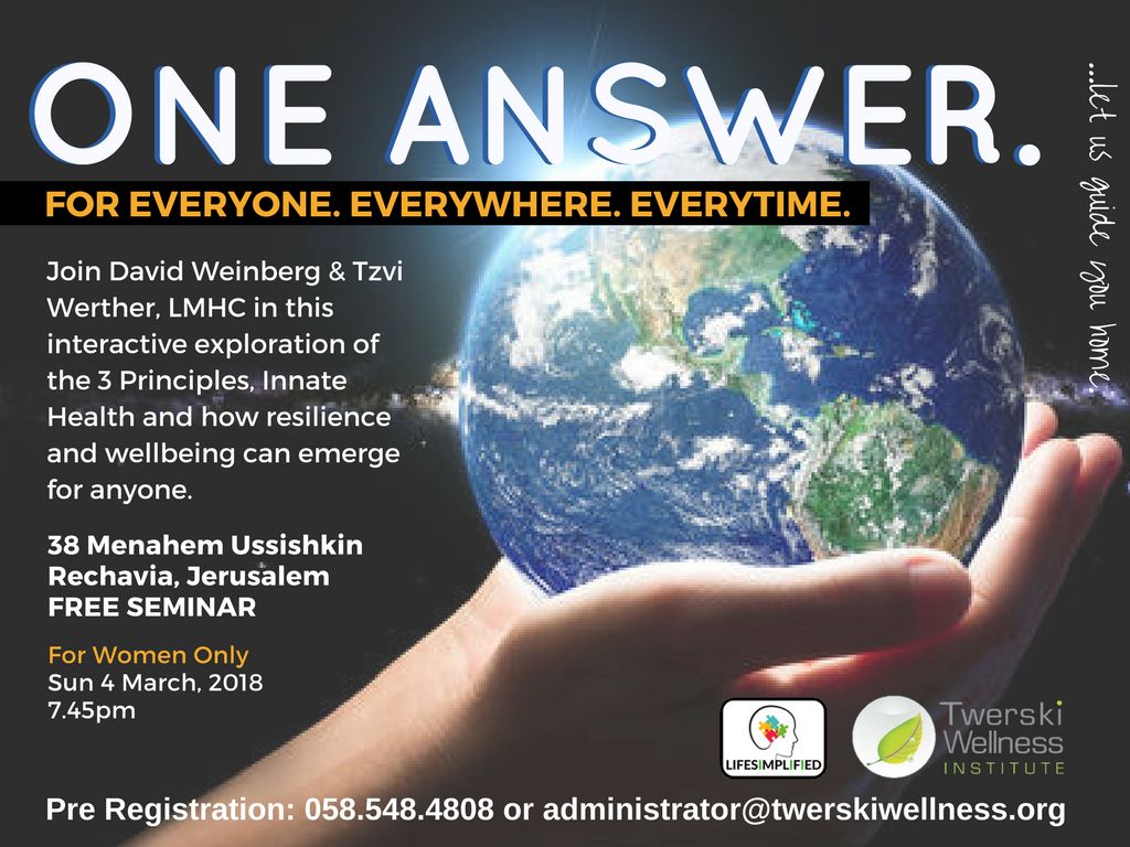 Insight4Living_'s tweet image. One Answer free seminar happening next sunday evening in Jerusalem. With @KayVeeDW and @TWerther of @TwerskiWellness #OneAnswer #3Principles #LifeSimplified