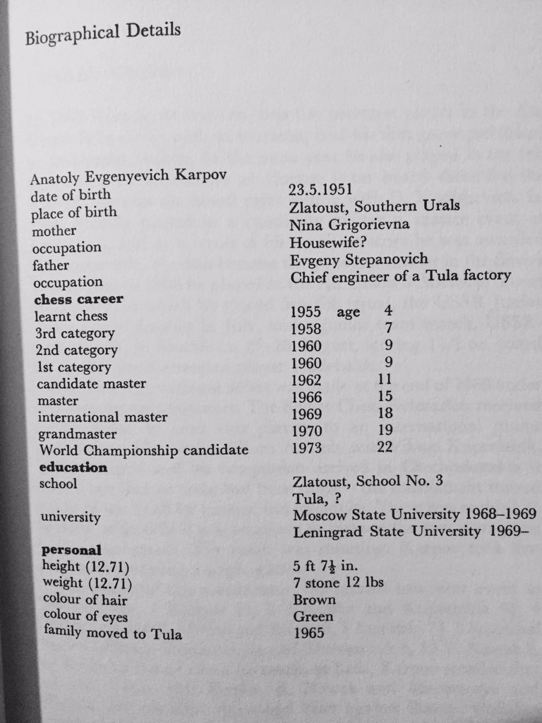 Douglas Griffin on X: @Sellig1947 From 'The Games of Anatoly Karpov'  (Batsford, 1974). In metric units: height, 1.71m; weight 50kg! (That was in  December 1971.)  / X