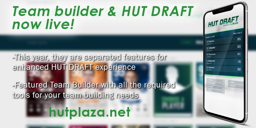 HUTPlaza's tweet photo. It may have taken some time, but here they are! Our HUT Team builder and HUT Draft are now live! 

Check them out on https://t.co/uJCN6JlL52. https://t.co/nm8j25fuiu