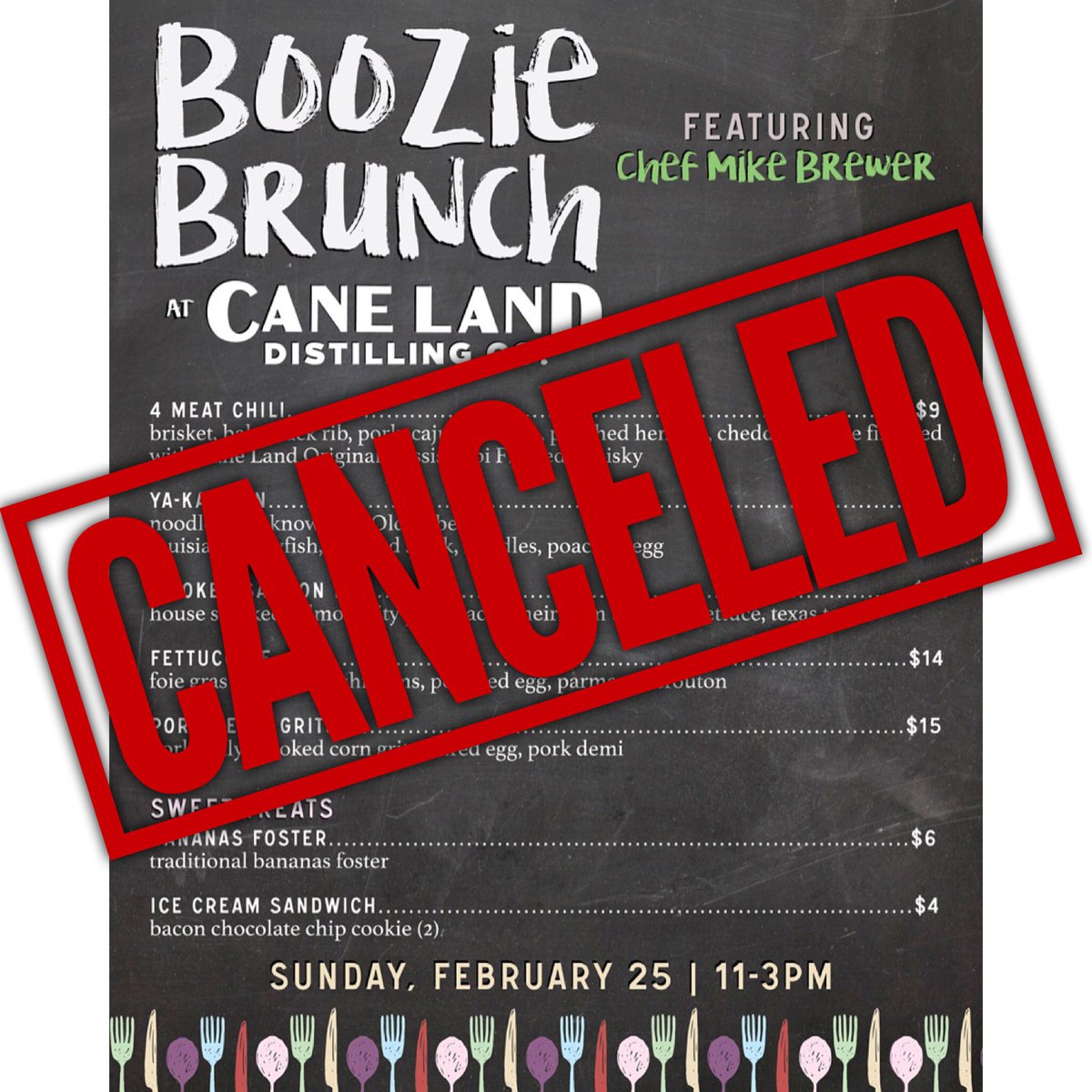 Boozie Brunch is CANCELED tomorrow (Feb. 25) due to inclement weather. Chef Mike Brewer will be back with us on March 11! Our Tasting Room will still be open and we will be serving $5 Bloody Marys all day!