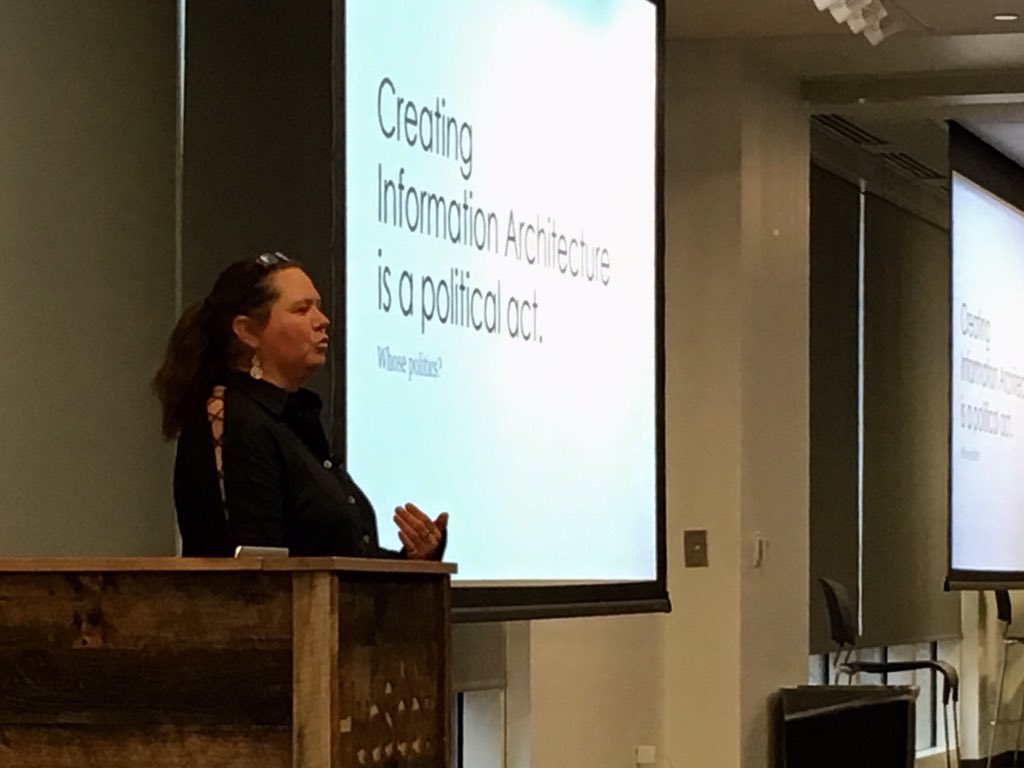 mbloomstein's tweet image. &quot;Creating information architecture is a political act. We cannot &apos;move fast and break things&apos; because too many people get hurt by what we&apos;ve broken,&quot; per @cwodtke. The personal is political, and it cannot not be professional. #wiadbos #wiad18