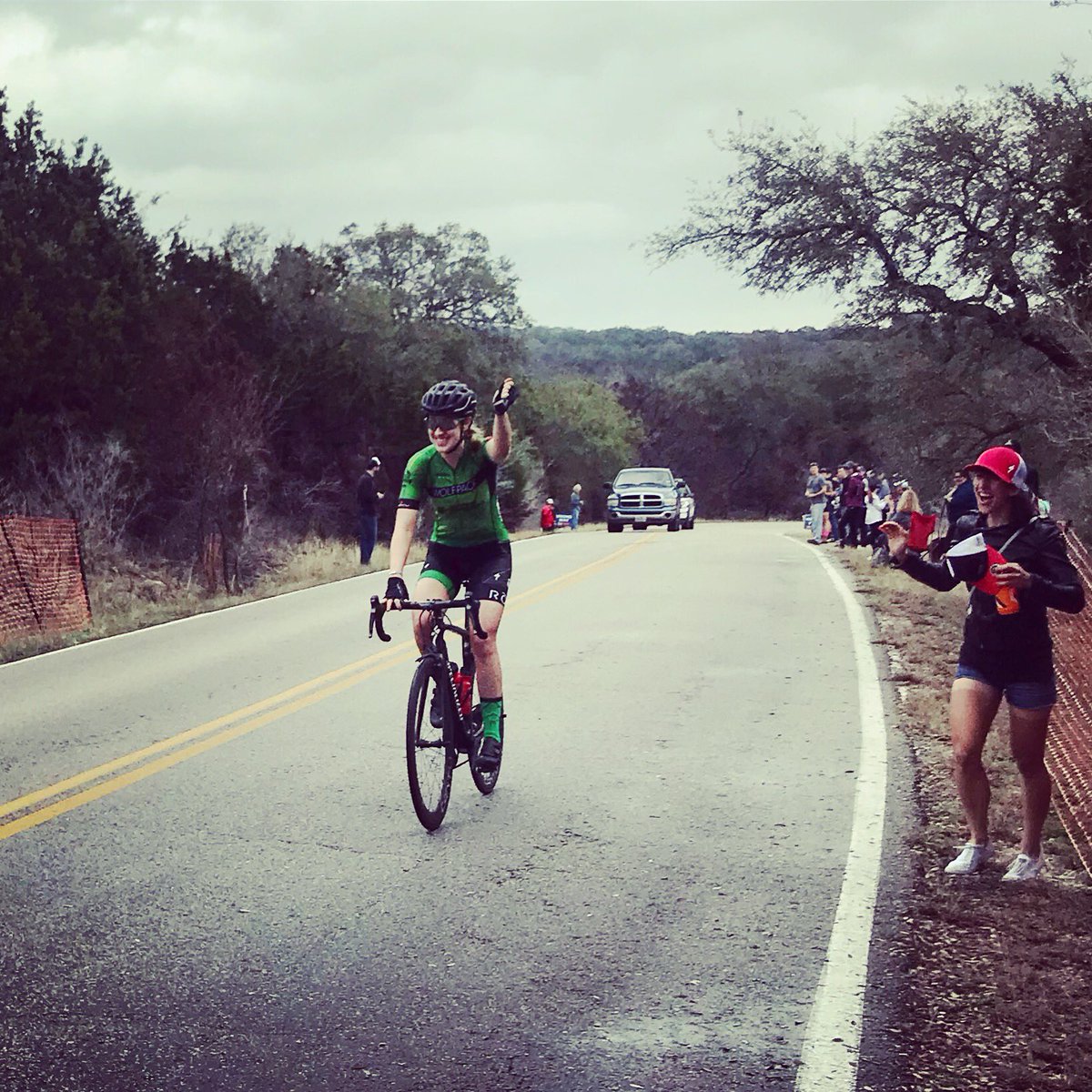 atxwolfpack's tweet photo. With a smile and a wave to her adoring fans, @gracicorn crosses the finish line after a successful solo #grackattack off the front!!! #winning #iamspecialized #myhyperthreads #cantuattitude #findfaster https://t.co/6vz1FFuzbn