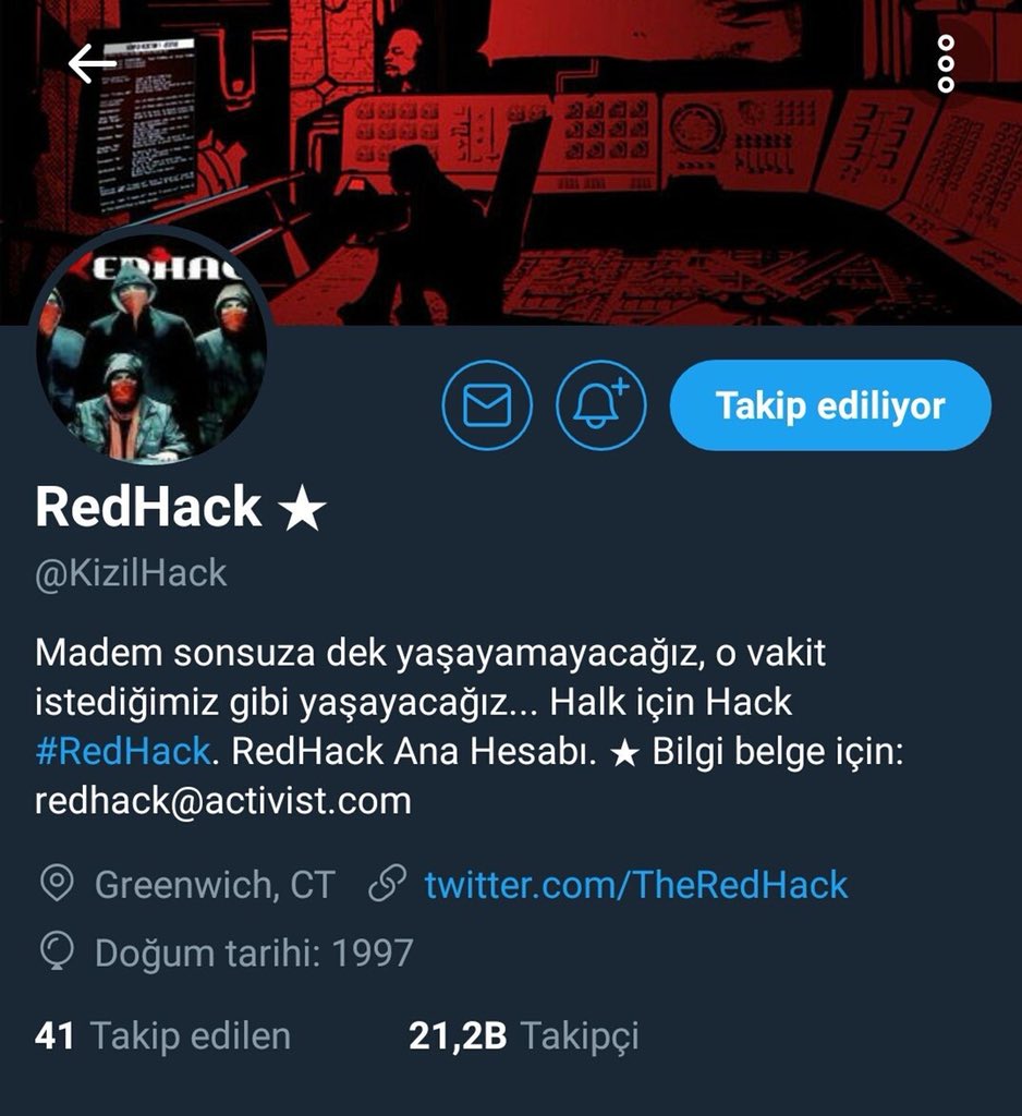 #RedHack'in ana hesabı olan @TheRedHack Türkiye'den erişime kapalı olduğundan diğer ana hesapları olan @KizilHack hesabını takip edelim, ettirelim. 
Dayanışma ile...
——
Madem sonsuza dek yaşayamayacağız o zaman istediğimiz gibi yaşayacağız....
@KizilHack