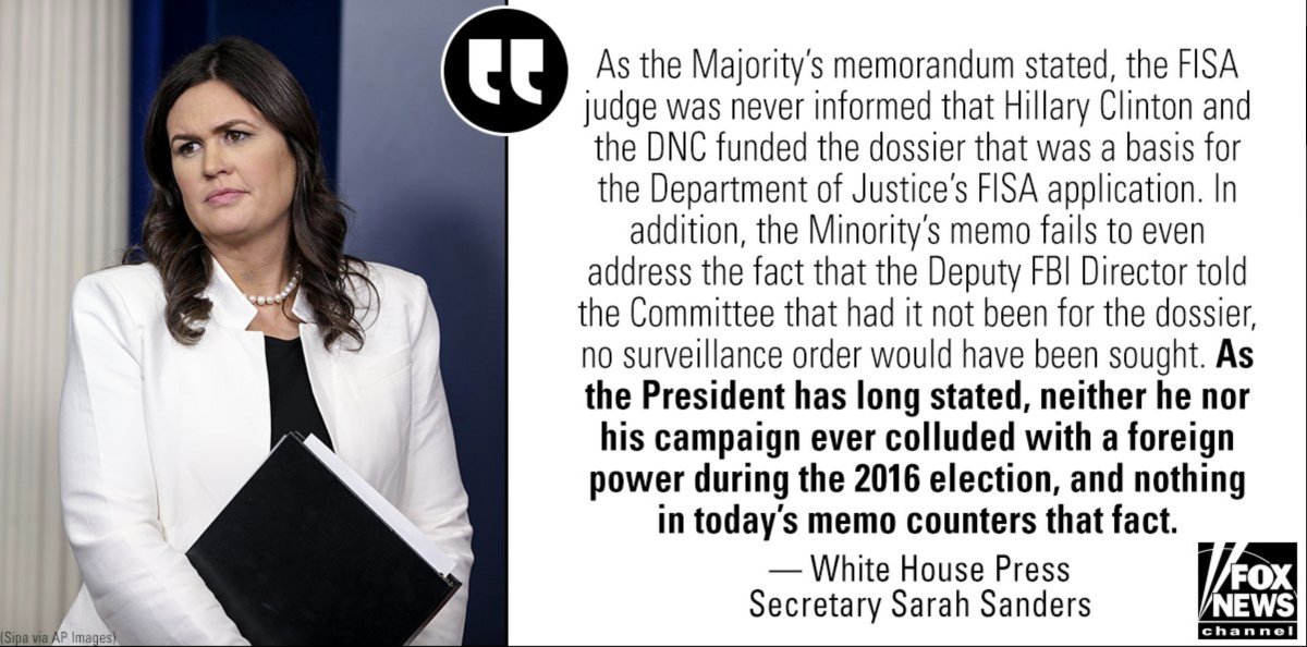 ColumbiaBugle's tweet image. .@PressSec on Schiff Memo:

&quot;The Minority&apos;s Memo fails to even address the fact that the Deputy FBI Director told the committee that had it not been for the Dossier, no surveillance order would have been sought.&quot; #DemMemo #FISAMemo