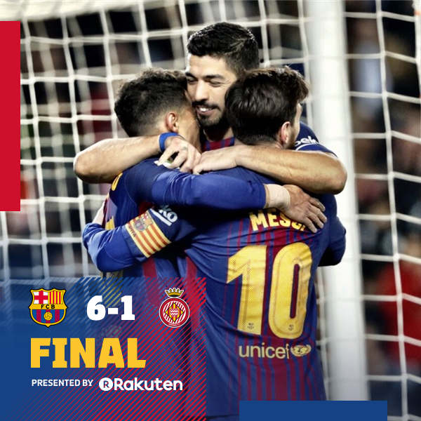 FCBarcelona_es's tweet photo. 📍 ¡¡Final en el Camp Nou!!
⚽ #BarçaGirona
       👟 @LuisSuarez9 (x3)
       👟 #Messi (x2)
       👟 @Phil_Coutinho 

🔴🔵 #ForçaBarça https://t.co/AkvbYG21Tu
