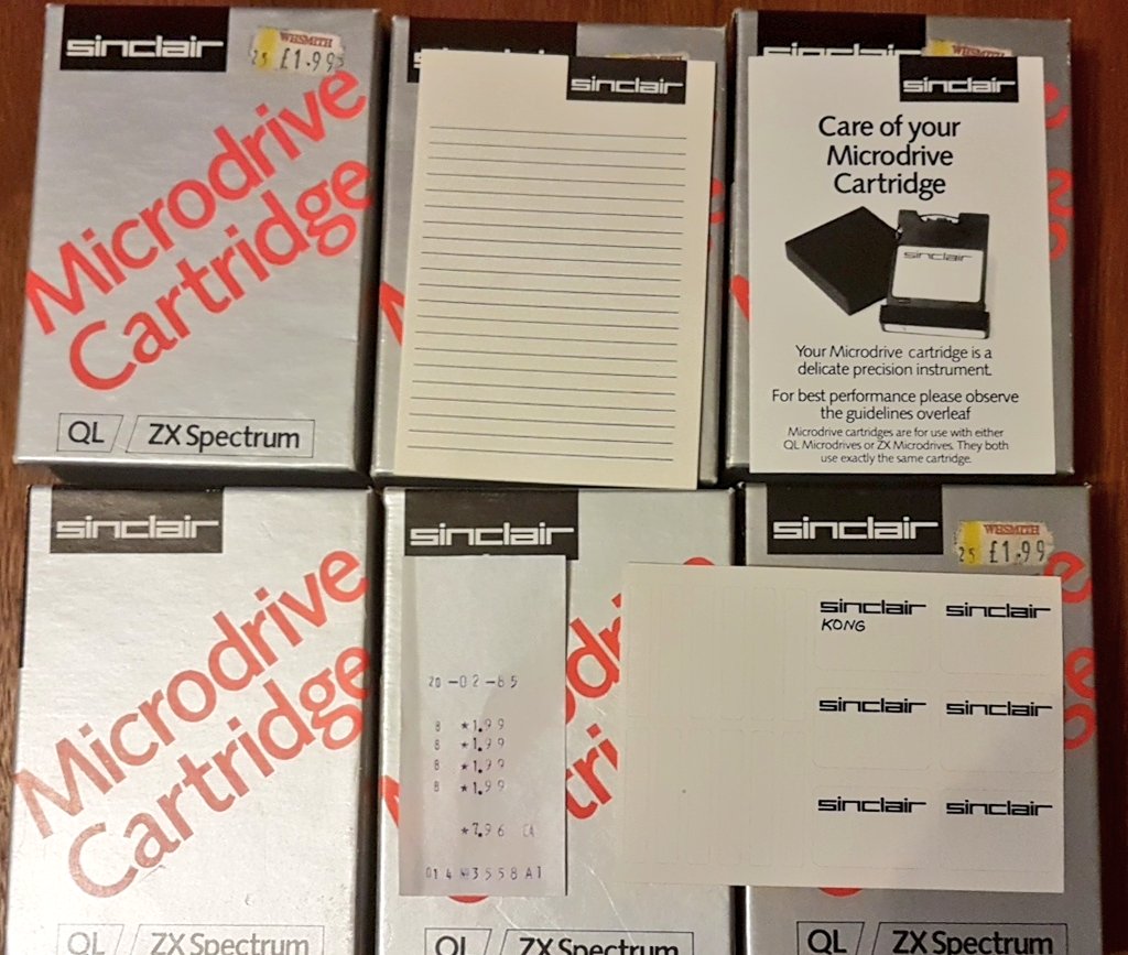 FishlockTony's tweet image. Just putting away the #zxspectrum to play with an #ATARI65XE and looked behind the #Microdrive insert and found instructions, stickers, and a 10 page notepad in all of them, and in one the receipt from 1985.