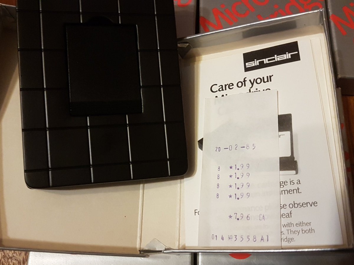 FishlockTony's tweet image. Just putting away the #zxspectrum to play with an #ATARI65XE and looked behind the #Microdrive insert and found instructions, stickers, and a 10 page notepad in all of them, and in one the receipt from 1985.