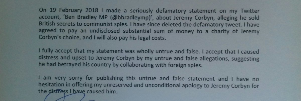 On the 19th of February I made a defamatory statement about @jeremycorbyn. I have apologised to Mr Corbyn and here is the complete text of my apology. Please retweet.