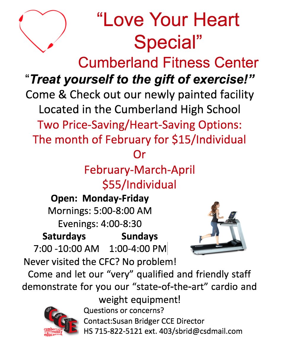 CumberlandCEd's tweet photo. At the #Cumberland #Fitness Center, we're offering the #Love Your Heart special. Give yourself the gift of fitness. https://t.co/O682HaQqxi