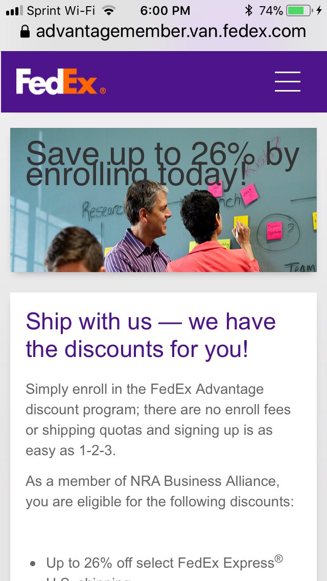 CallMeAuntSam's tweet photo. @MrsFreedomFirst @FedEx Your information is incorrect!  As of 6:00pm on Sat 2/24, @fedex still advertising partnership with/ @nra on their website!  Please do not provide misleading information!  Keep up the good work folks! https://t.co/jCYxCcyPiU