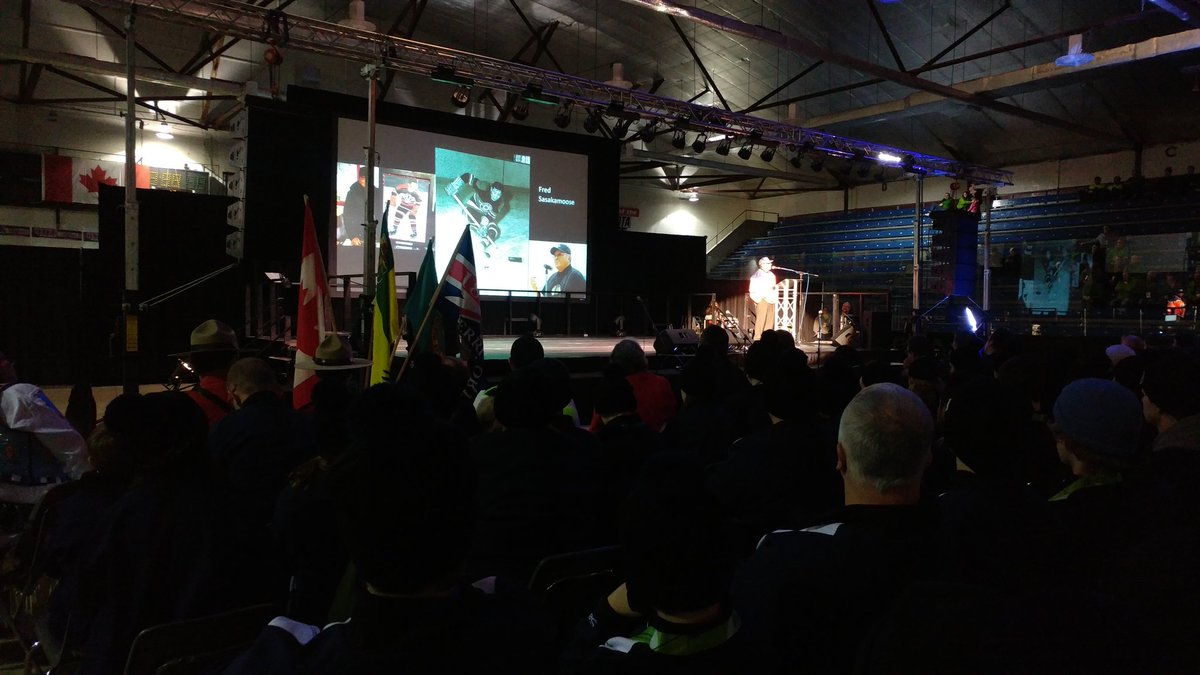 saskgames's tweet photo. @NHLBlackhawks legend and the first Indigenous player in the @NHL Fred Sasakamoose receives a standing ovation at the @2018SaskGames Closing Ceremonies - so inspiring!  #CelebrateWintersBest https://t.co/X4Q4vTvs6V