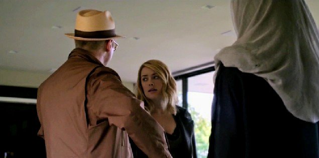 Blacklistlines's tweet photo. Red: You want to know my fantasy, Nasim? To escape a hopeless police standoff in style with two sensational women on my arms. Shall we? 
Nasim: 😑
Lizzy: 🙄 #TheBlacklist https://t.co/GcORdwZzxq