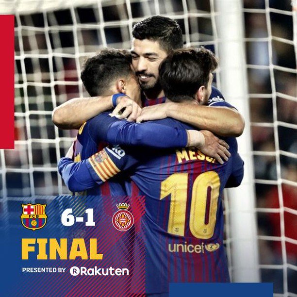 bola_qq's tweet photo. fcbarcelona⚠️ FULL-TIME | FINAL
#BarçaGirona (6-1)
Leo Messi ��️⚽️
Luis Suárez ⚽️⚽️⚽️
Coutinho ⚽️
🔵🔴
#bolaQQ 
#JudiOnline 
#casinoonline 
#UangTunai 
#PokerstarsMegastackLondon 
#SportPesaMegaJackpot 
#LoveScenario4thWin https://t.co/vOqcmKdnp0