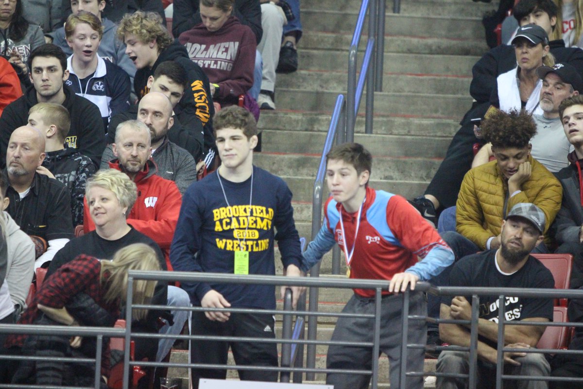 Keegan O'Toole was fired up to see <a href="/Arrowheadschool/">ArrowheadSchools</a> teammate Josh Otto win his own state title. O'Toole and Aidan Medora of Brookfield Academy were in the front row for the show. #wiaawr