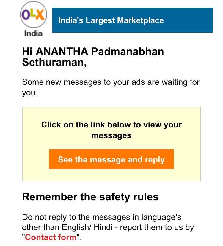 chennai_aps's tweet image. Dear @OLX_India - If buyer talks my language why I am stopped ? What is not safety in tis case ? So, u mean to say OLX cannot interpret other Official Languages of India ? So OLX reads everything that I talk to my buyer ?#StopLanguageImposition.