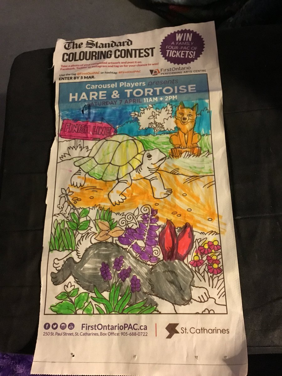 Rainey77's tweet photo. My daughter Samantha’s entry into The Standard Colouring Contest for Hare & Tortoise tickets. She would love to see the show @FirstOntPAC #FirstOntPAC https://t.co/m0t0sbdMbY