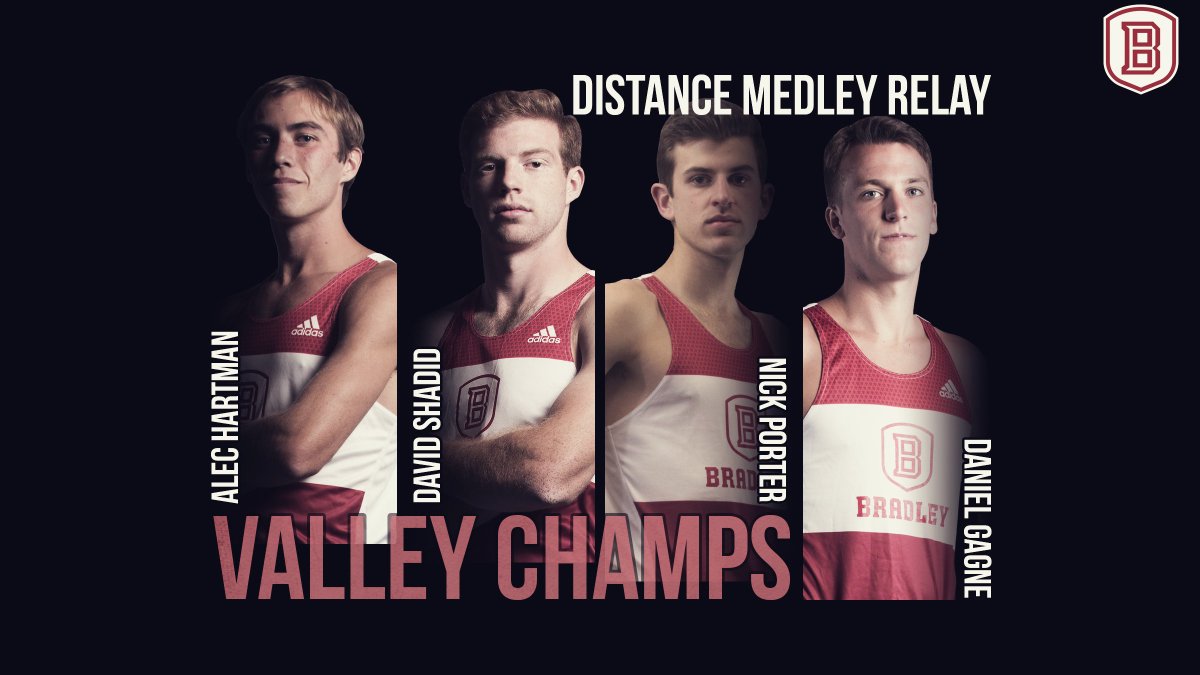 BradleyXCTrack's tweet photo. The Bradley men make it 2-for-2 on the opening day as the DMR team of Alec Hartman, David Shadid, Nick Porter and Daniel Gagne claim Bradley's second title! https://t.co/Y7aCpdKBn2