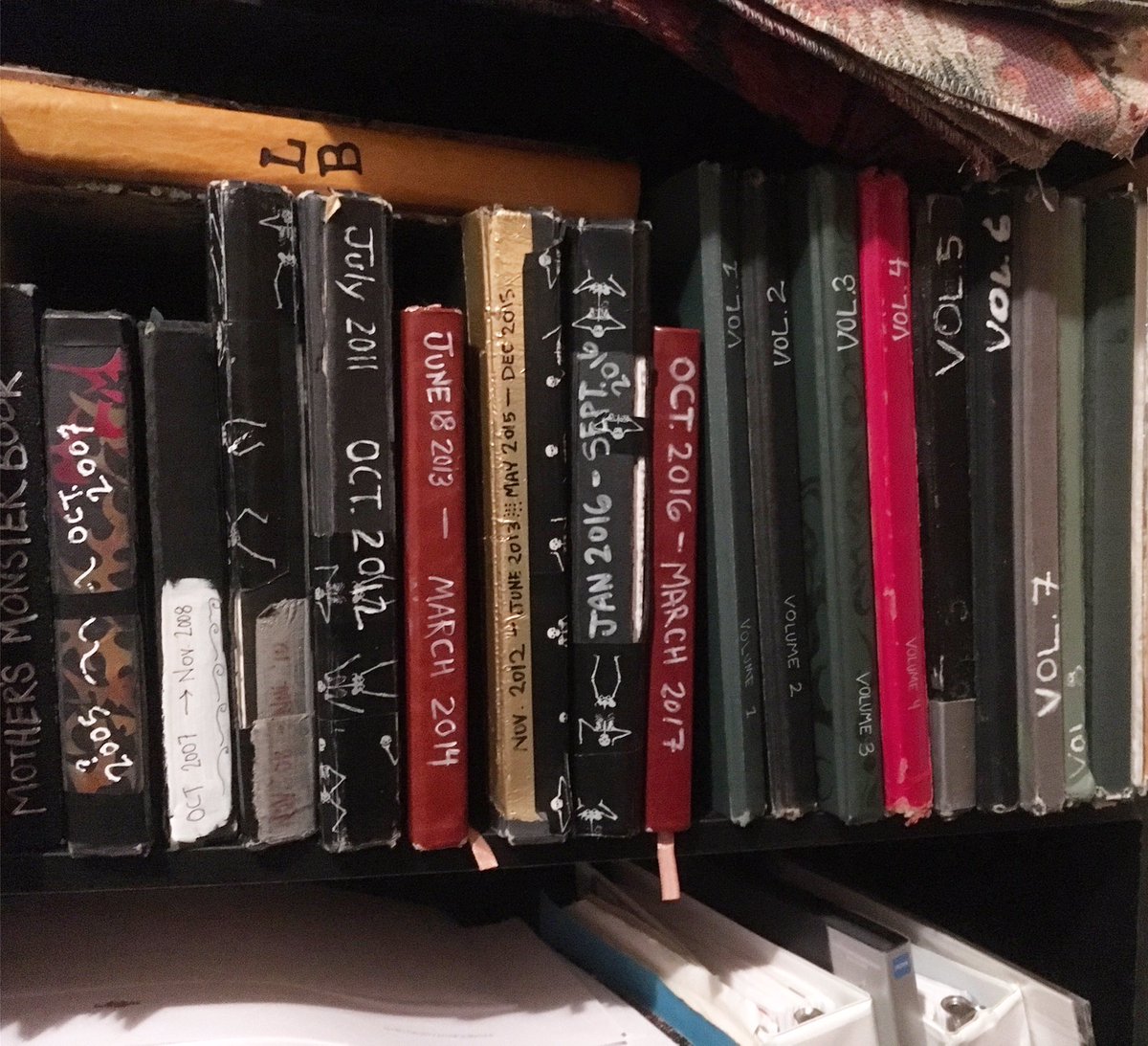 LydiaBurris's tweet photo. A shelf at home with most of my sketchbooks, starting with volume 1 in 1996 when I was 16. 17 vols pictured. Share a pic of your sketchbook! https://t.co/ImEIKmlcH2