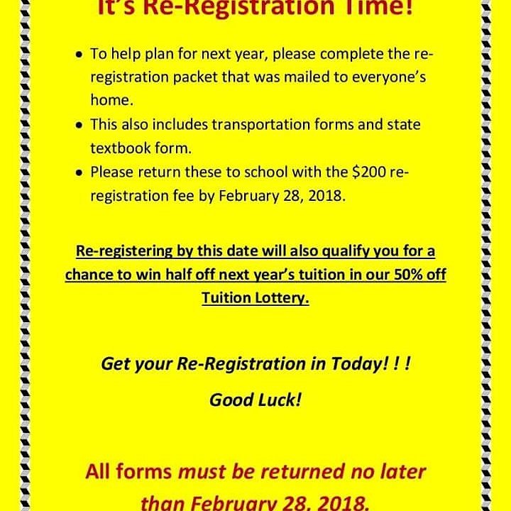 DONT FORGET TO RE-REGISTER THIS WEEK AND GET A CHANCE AT 50% OFF NEXT YEAR''S TUITION. SEE FLYER FOR DETAILS!