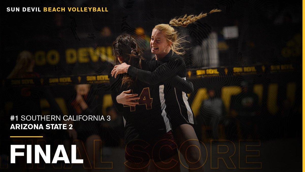 SunDevilBeachVB's tweet photo. FINAL: ASU 2, No. 1 USC 3
The #SandDevils battle, but fall just short to top-ranked @USCBeach, taking two points from the three-time defending national champs. The squad will get back at it tomorrow, playing host to Nebraska (11 a.m.) & Cal Poly (3 p.m.).
#SunDevilDevotion https://t.co/bClpYc3SE3